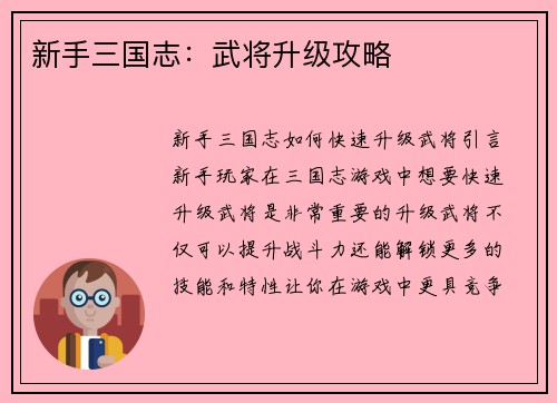 新手三国志：武将升级攻略